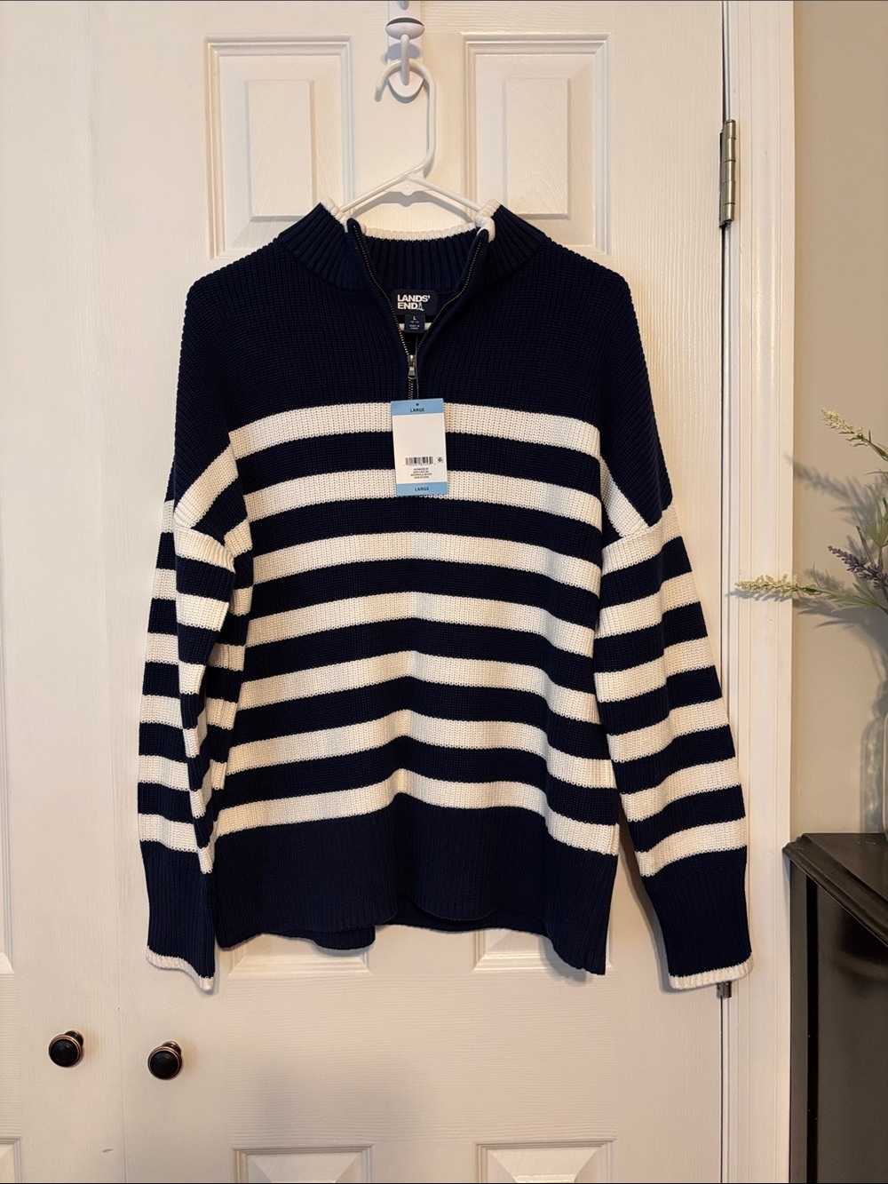 Lands' End Navy and White Striped Half-Zip Pullover Sweater